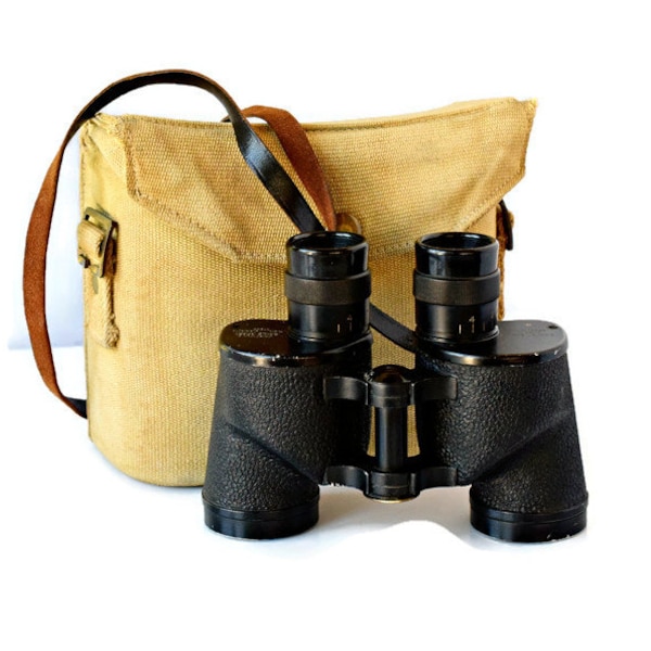 1945 WW2 Military Binoculars - 6x30 Black Binoculars w Leather Case - CGB Graticule Canada Field Glasses