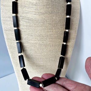Vintage Black Beaded Necklace: 25&quot; Bone & Wood Rectangle Beads
