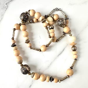 Natural Wood Necklace, Beige Wood and Silver Beaded Necklace, 35 inches Round Beads, Vintage Jewelry Mother’s Day Gift