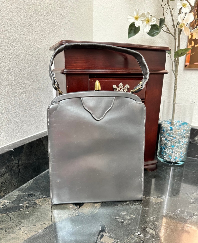 Bolso de mano vintage de cuero de los años 50 con asa superior: bolso gris de mediados de siglo, Berna de California imagen 10