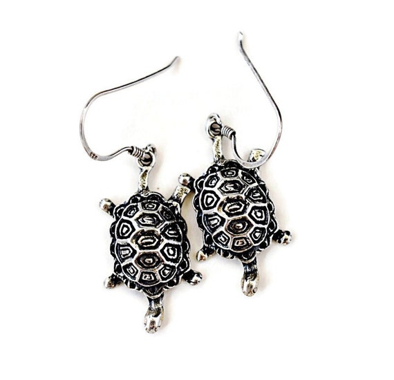 Vintage Sterling Silver Turtle Dangle Earrings Ho… - image 5