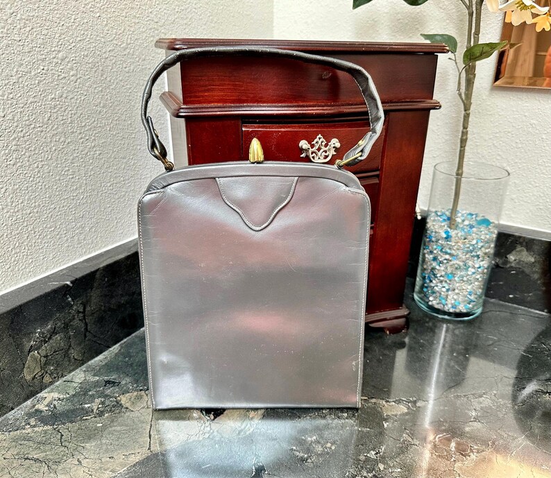 Bolso de mano vintage de cuero de los años 50 con asa superior: bolso gris de mediados de siglo, Berna de California imagen 5