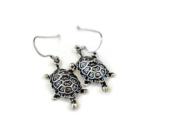 Vintage Sterling Silver Turtle Dangle Earrings Ho… - image 1