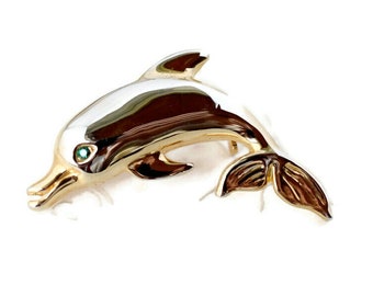 Gold Dolphin Brooch Emerald Crystal Eye - Vintage 1980 - 1990s Jewelry