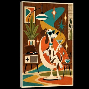 May include: A vertical wall art print featuring a stylized dog wearing sunglasses, sitting in a rounded orange chair while holding a martini glass. The scene includes a record player, a potted plant, and mid-century modern geometric shapes.