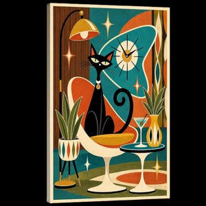 May include: A vertical wall art print featuring a stylized black cat sitting in a white chair. The scene includes a floor lamp, a wall clock, two potted plants, and a martini glass on a small table, all rendered in shades of orange, teal, and brown.