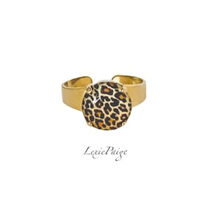 Leopard Print Ring: 12mm Glass Dome, Adjustable Gold Finish