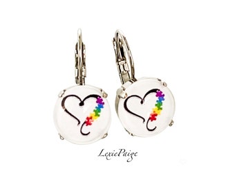 Autism Awareness Heart Earrings: Puzzle Piece Lever Back Drop