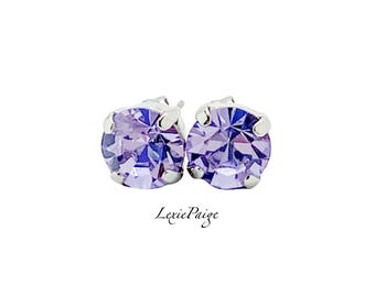 Purple Crystal Stud Earrings: Rhodium Plated, 8mm Violet Jewelry