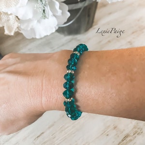 Green Emerald Bracelet | Beaded Stretch Bracelet | Green Stackable Bracelet | Green and Gold Bracelet | May Birthstone Bracelet