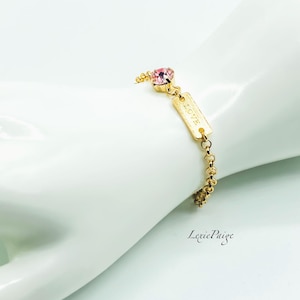 Light Rose Crystal Solitaire Bracelet: Gold &#39;LOVE&#39; Charm, Adjustable