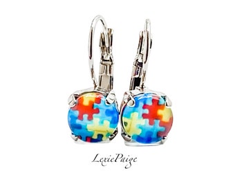 Autism Awareness Earrings: Puzzle Piece Rhodium Plated Drop Earrings