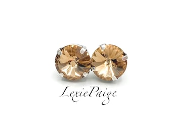 Crystal Rivoli Post Earrings: 12mm Light Colorado Topaz, Antique Silver
