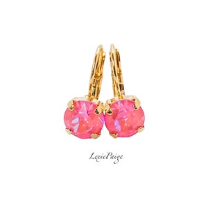 Lotus Pink Crystal Drop Earrings: Yellow Gold Lever Back, 8mm