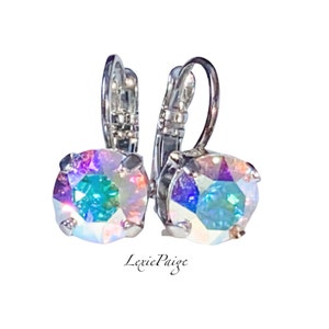 AURORA BOREALIS 8mm Crystal AB Earrings | Iridescent |Rhodium Plated |Lever Back Drop Earrings Made With Premium Crystals *Free Shipping*