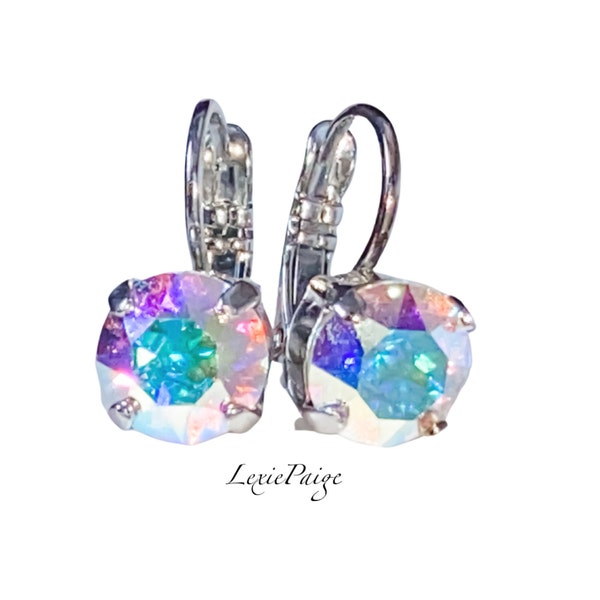 AURORA BOREALIS 8mm Crystal AB Earrings | Iridescent |Rhodium Plated |Lever Back Drop Earrings Made With Premium Crystals *Free Shipping*