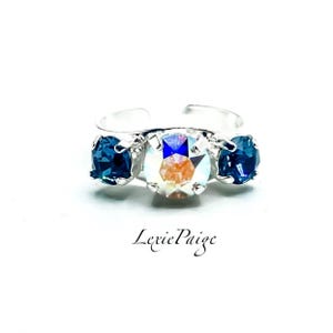 8mm/6mm Crystal Adjustable Ring / AB Aurora Borealis Ring / Denim Blue / Silver Band /  Made With Premium Crystals FREE SHIPPING