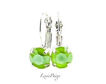 8mm Lime Green Crystal Earrings |  Shiny Silver | Lever Back Drop Earrings Made With Premium Crystals  **FREE SHIPPING**