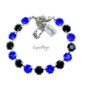 Blue & Black Crystal Bracelet: Rhodium Plated, Praying Hands Charm