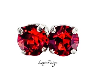 8mm Light Siam Red Crystal Earrings |  Antique Silver | Post Stud Earrings Made With Premium Crystals **FREE SHIPPING**