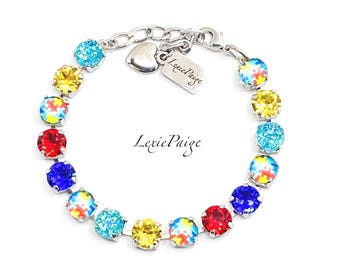 Autism Awareness Crystal Bracelet: Puzzle Design, Rhodium Plated