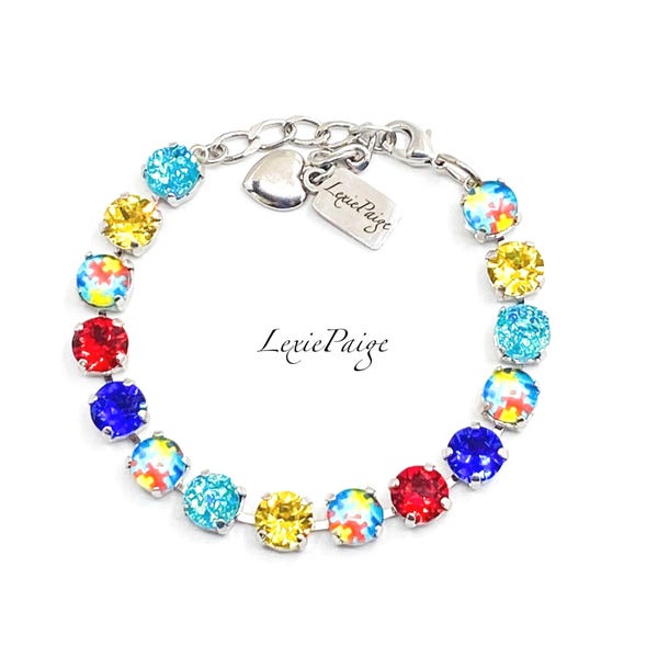 Pulsera de cristal para concienciar sobre el autismo: diseño de rompecabezas, bañada en rodio