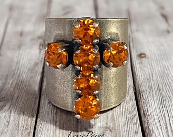 Kruisring mandarijnkristal: verstelbare antiekzilveren brede band