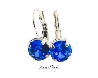 Crystal Sapphire Earrings | Blue Earrings | September Birthstone  |  Shiny Silver | Lever Back Drop Earrings | Made With Premium Crystals