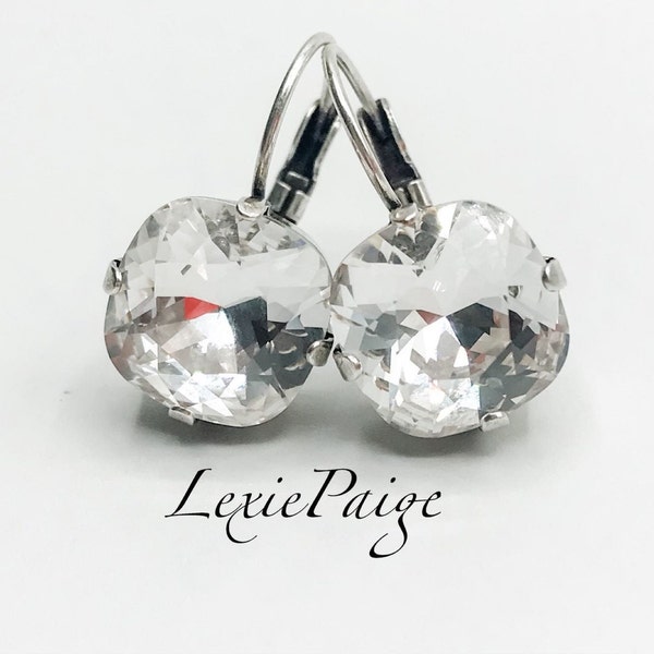 12mm Crystal Clear Cushion Cut Earrings / Antique Silver / Lever Back Drop Earrings / Made With Premium Crystals **FREE SHIPPING**