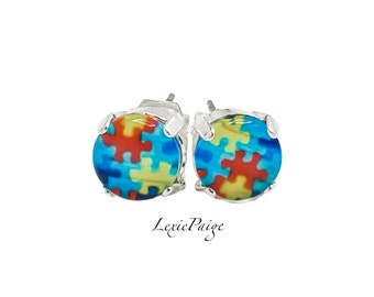 Autism Awareness Stud Earrings: Puzzle Piece Glass Dome, Silver Finish