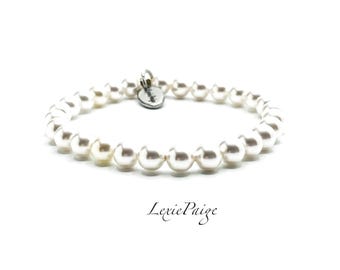 White Crystal Pearl Bracelet: Stackable Stretch Bracelet