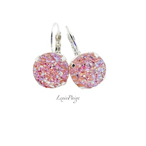 12mm Faux Druzy Pink Blush Lever Back Drop Silver Earrings  **FREE SHIPPING** LexiePaige Jewelry