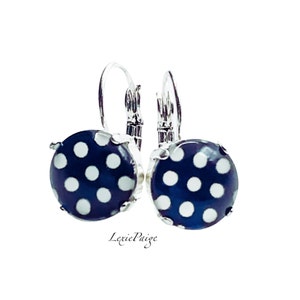 12mm Navy and White Polka Dot Shiny Silver Lever Back Drop Earrings **FREE SHIPPING**