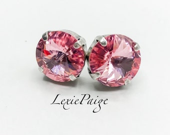 12mm Light Rose Crystal Rivoli Earrings / Pink / Light Pink /Antique Silver / Stud Post Earrings Made With Premium Crystals *FREE SHIPPINGS*