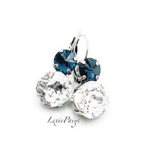 Crystal Drop Earrings: Montana Blue & Clear Cushion Cut, Antique Silver