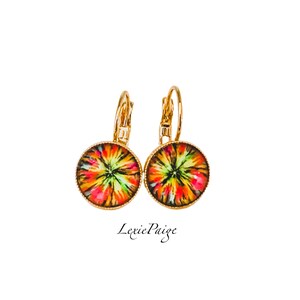 Tie Dye Earrings | Tie Dye Jewelry | Multicolor Earrings | Rainbow Burst | Glass Dome  Lever Back | Yellow Gold | FREE SHIPPING