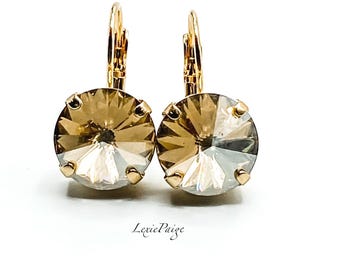 Pendientes de cristal Golden Shadow: cierres de palanca Rivoli de oro amarillo