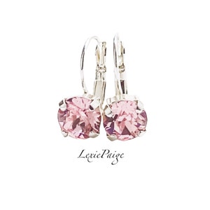 Pendientes de cristal rosa claro de 8 mm / Rosa / Rosa claro / Plata brillante / Pendientes colgantes con cierre de palanca hechos con cristales de primera calidad **ENVÍO GRATIS**