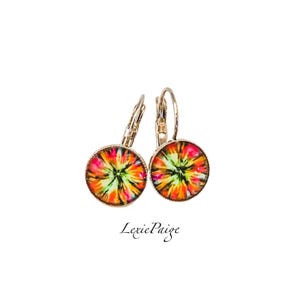 Tie Dye Earrings | Tie Dye Jewelry | Multicolor Earrings | Rainbow Burst | Glass Dome | Lever Back | Rhodium Plated | FREE SHIPPING