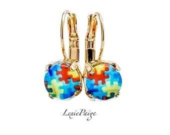 Autism Awareness Earrings: Puzzle Piece Yellow Gold Lever Backs