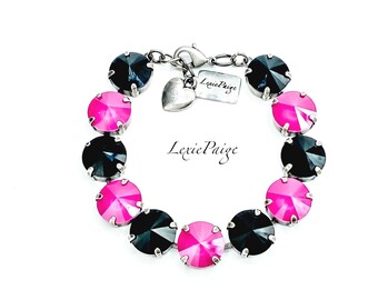 Pulsera Rivoli de cristal rosa peonía y negro azabache - Acabado en plata antigua