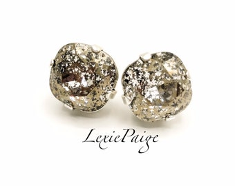 12mm Cushion Cut Gold Patina Earrings / Shiny Silver / Post Stud Earrings Made With Premium Crystals **FREE SHIPPING**