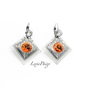 Crystal Rivoli Drop Earrings: Tangerine Orange, Antique Silver, Laser Cut