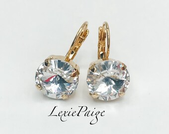 Crystal Clear 12mm Rivoli Crystal / Yellow Gold / Lever Back Drop Earrings Made With Premium Crystals **FREE SHIPPING**