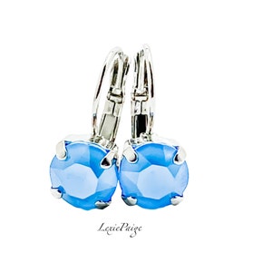 8mm Summer Blue Crystal Earrings | Light Blue Earrings  | Rhodium Plated Earrings | Lever Back Drop Earrings Made With Premium Crystals