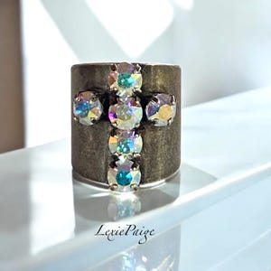Crystal AB Cross Statement Ring, Antique Silver Wide Band, Adjustable Fit, 6mm Premium Crystals *Free US Shipping**