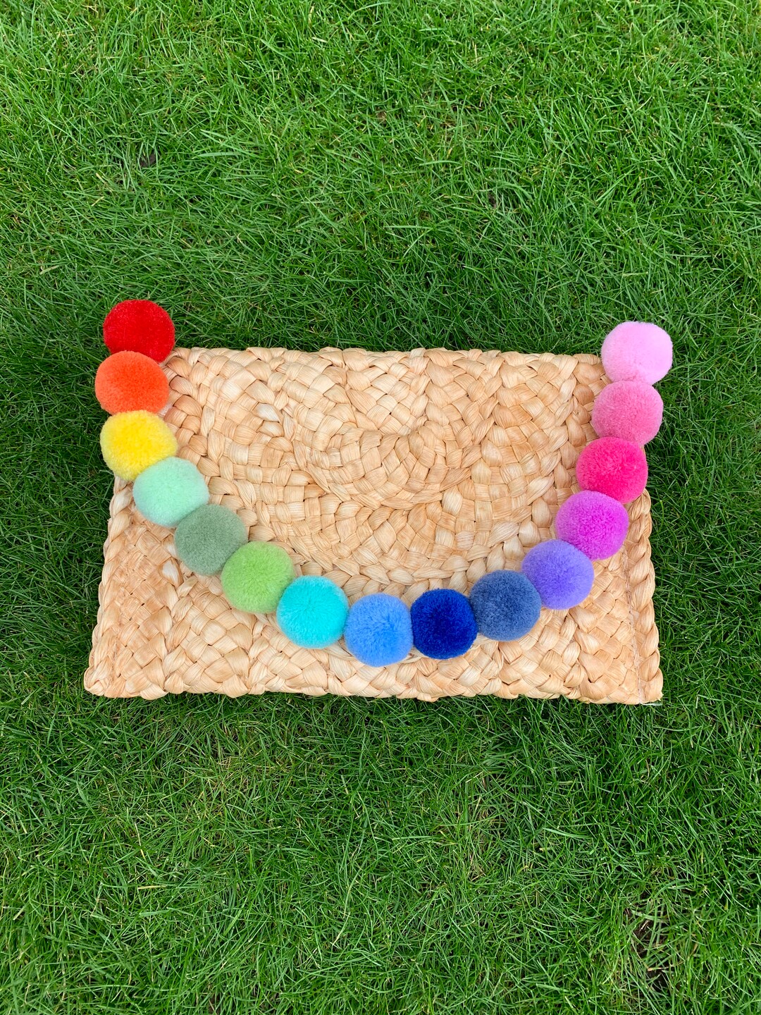 Rainbow Pompom Straw Clutch Bag Etsy