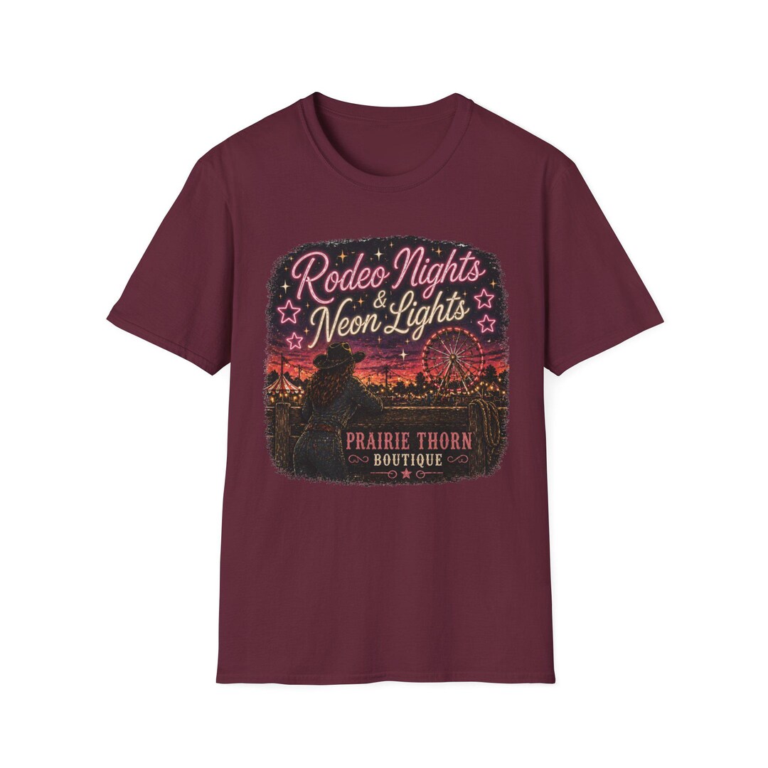 Neon Rodeo Shirt Design Rodeo Nights Neon Lights T-shirt | Ferris Wheel Sunset Western Design ...