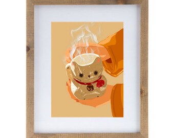 Lucky Lunar Cat | Asian Chinese Oriental | Incense Buddhist Prayer Orange | Digital Downloadable Art Print | Printable