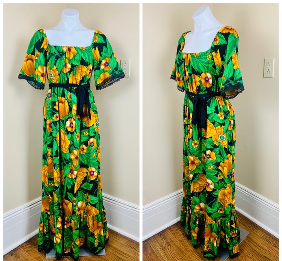 Vintage 70s Off the Shoulder Hawaiian Lace Maxi Dr